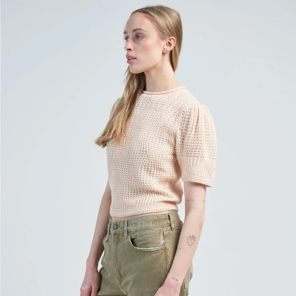 Ulla Johnson Capri Top Crème Knit Cotton Short-Sleeve Top Size Large Puff Sleeve